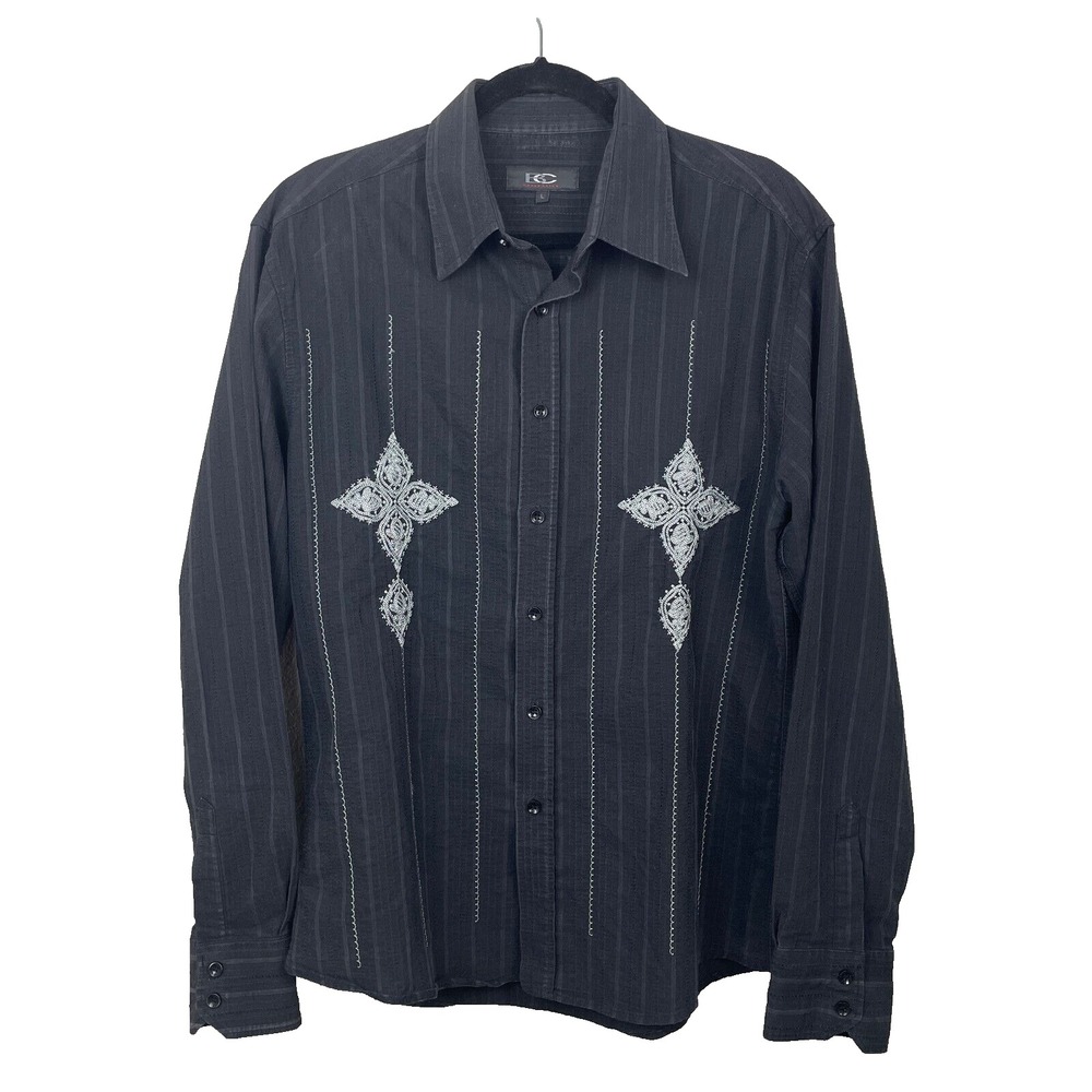 BC Collection Shirt Mens Large Black Gray Embroidered Crosses Button Down Casual